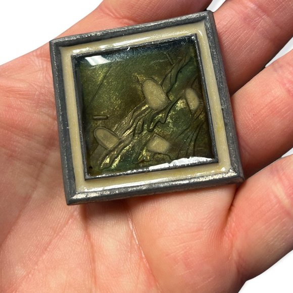 Vintage Deco Era Metal Enamel Overlay Brooch Pin, square diamond shape abstract - Picture 2 of 3